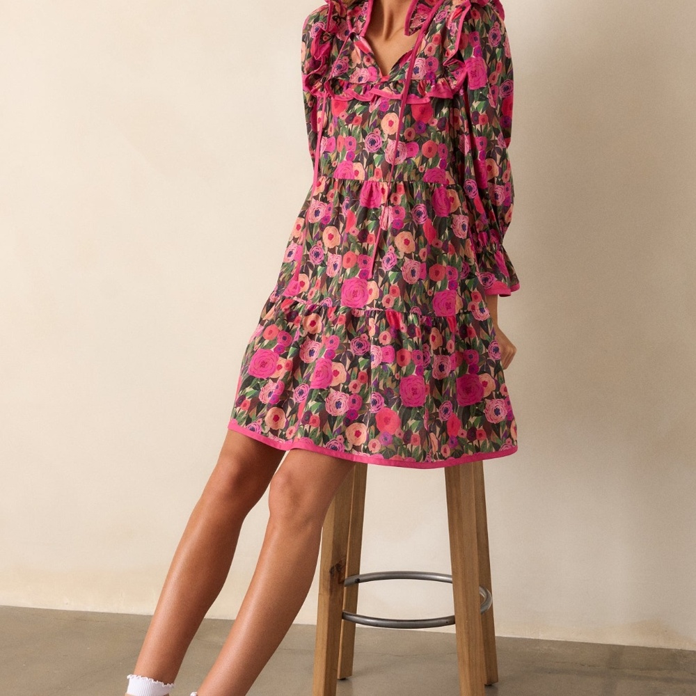 Red Dress Silken Breeze 100% Cotton Pink Floral Mini Dress Size LL / Pink